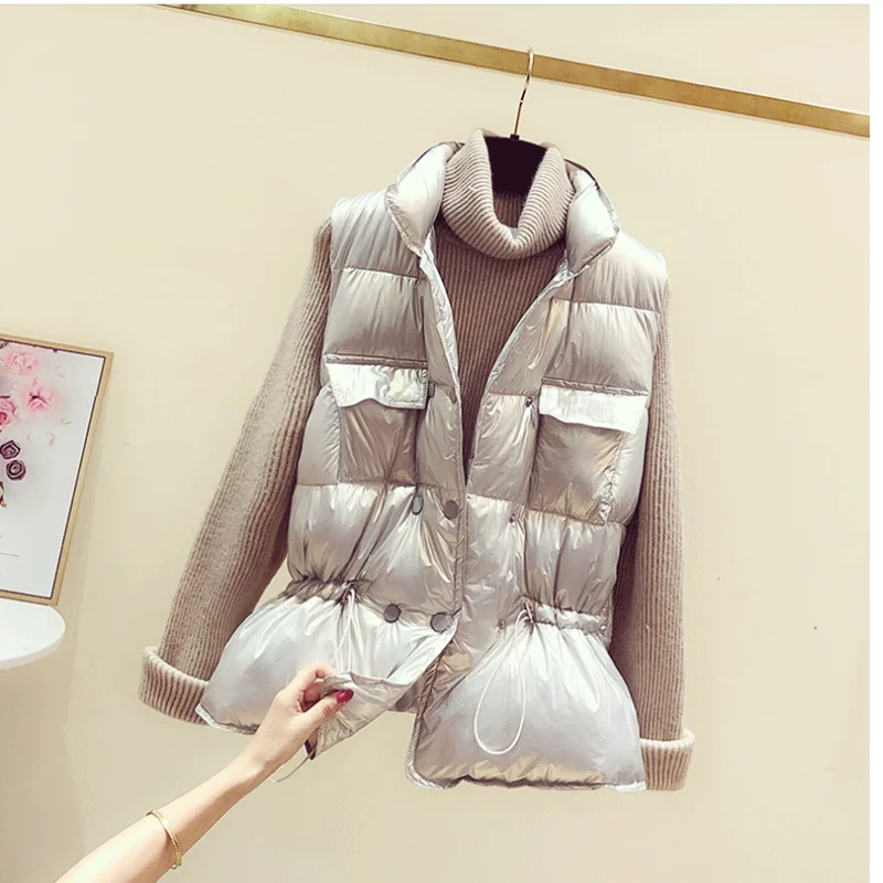 

Waistcoat Autumn Winter Cotton Jacket Women Sleeveless Stand Collar Vest Solid Glossy Fashion Casual Female Drawstring Coat
