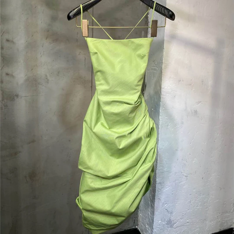 

GALCAUR Casual Dress For Women Square Collar Sleeveless Sling High Waist Hollow Out Backless Asymmetric Hem Dresses Female 2020
