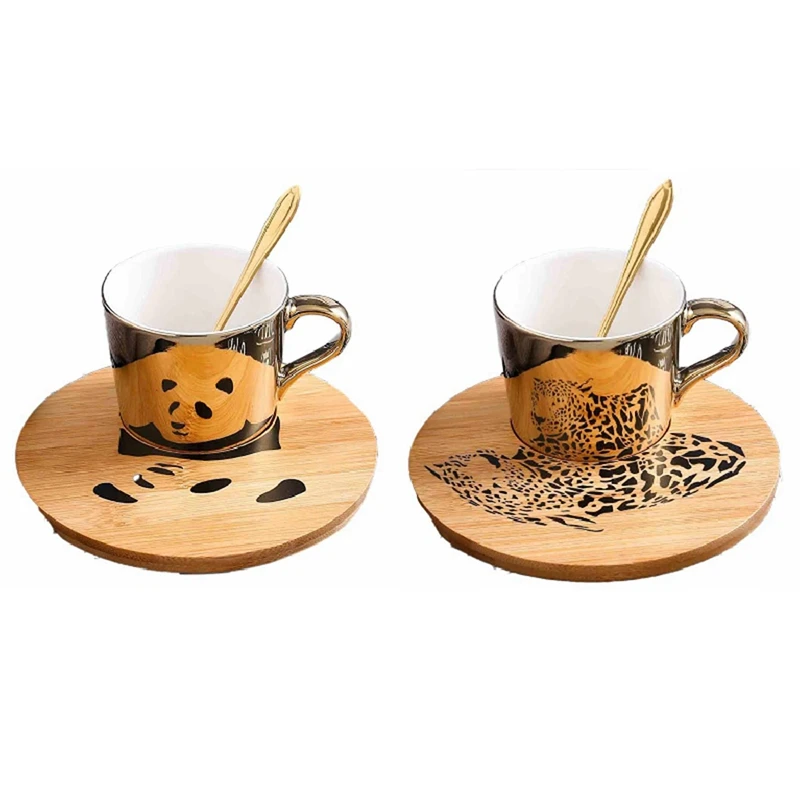 

2 набора, чашка с зеркальным отражением и деревянное блюдце, кофейная чашка, чашка для завтрака, молока, чая, лучший подарок (Панда и леопард)