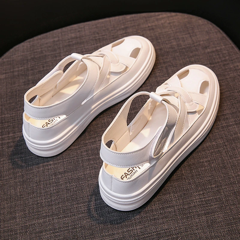 

2021 new summer leather thick-soled sponge cake Velcro Baotou sandals increased Roman shoes hollow casual shoes
