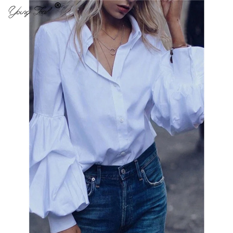 Женская блузка с длинным рукавом фонариком Повседневная Свободная однотонная