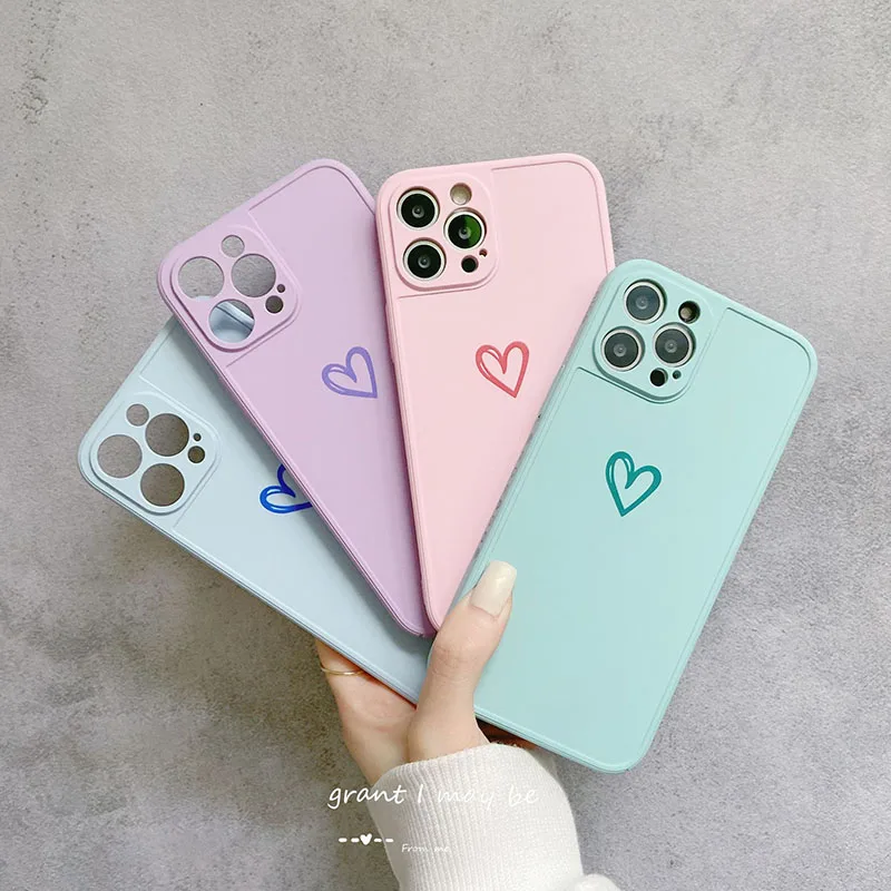 

Candy Color Love Heart Phone Case For iPhone 12 11 Pro Max X XR XS Max 7 8 Plus 12 Pro Back Cover