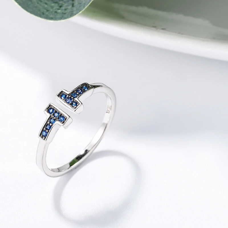

Korean edition fashion letter T ring light luxury Blue zircon pure silver middle finger ring Statement Ring for Women Girls3