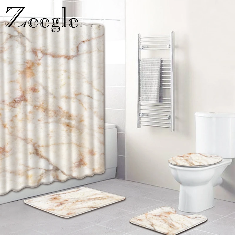 

Zeegle Marble Pattern 4pcs Bathroom Non-Slip Pedestal Rug Lid Toilet Cover Bath Mat with Shower Curtain Microfiber Bathroom Mats