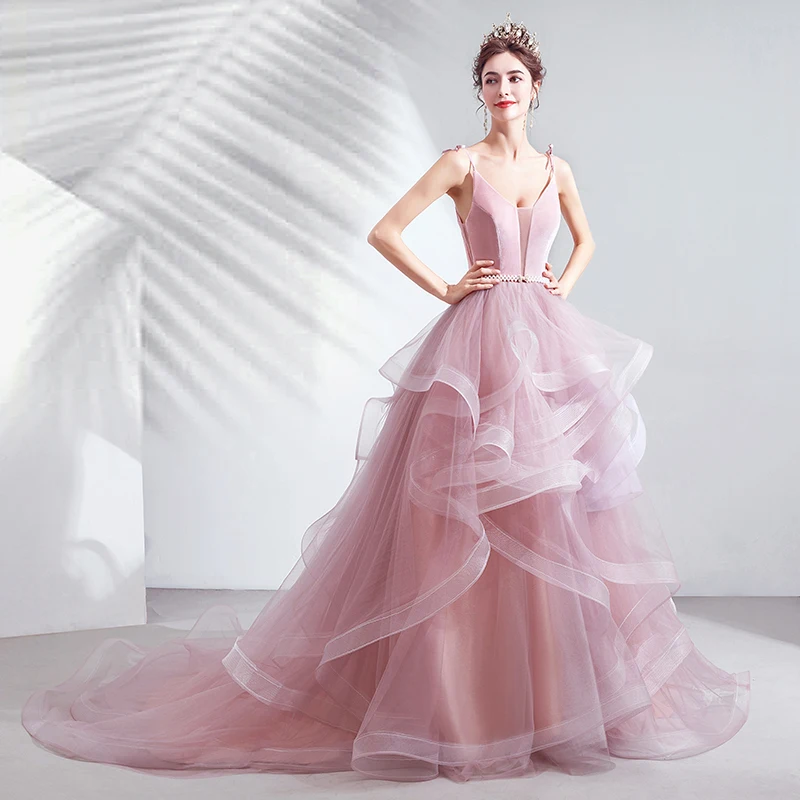 SSYFashion Новое милое розовое вечернее платье сексуальное с v-образным вырезом без рукавов с коротким шлейфом Пышное длинное вечернее платье для выпускного вечера De Noche