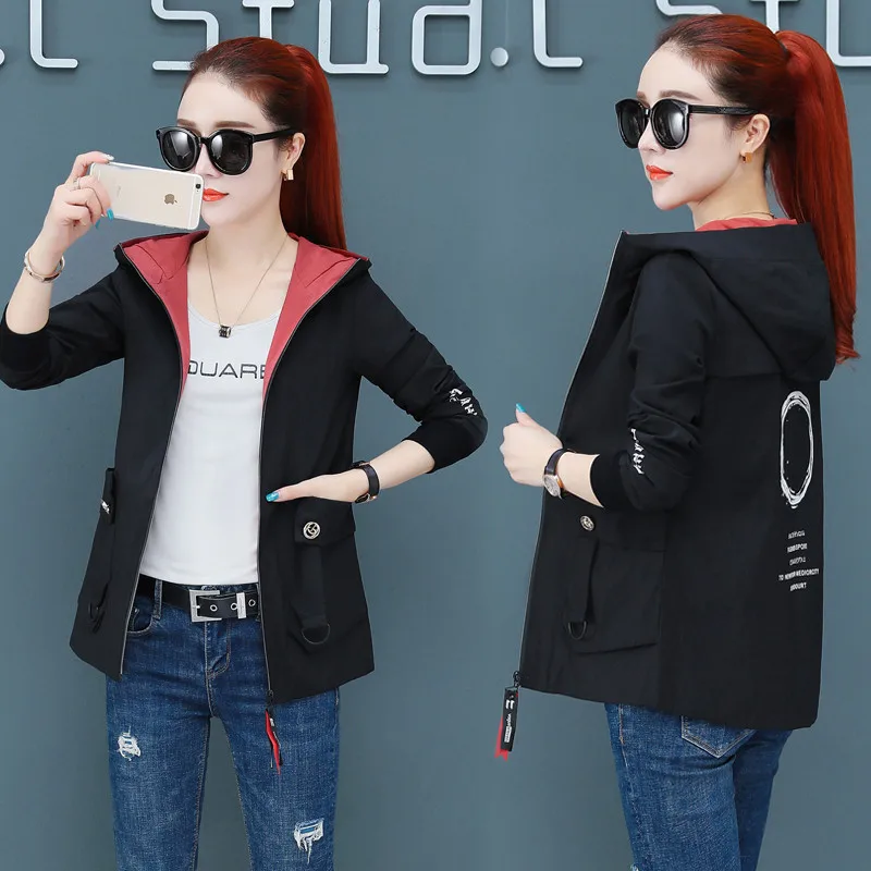 

Women Jackets Spring Autumn Streetwear Hooded Jacket Print Windbreaker Loose Coat Female Causal Zippers Basic Jackets Plus Size