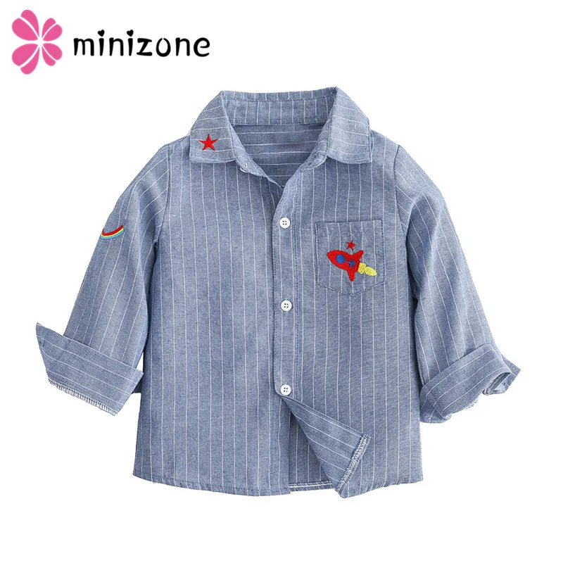 Осень 2019 100% хлопок длинный рукав отложной воротник Синий Полосатый плед Детская