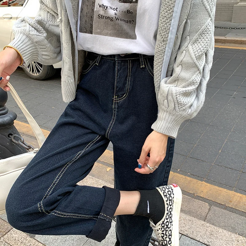 

Dark Blue Jeans Women's Autumn and Winter Straight Tube Loose Wide Leg Pants 2021 New Small Pear Shape Pants