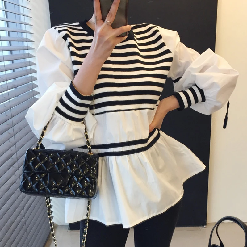 

Nowsaa O Neck Striped Color Loose Puff Sleeve Shirt Korean Knitting Stitching Ladies Top Patchwork Blouse Blusas Autumn 2021