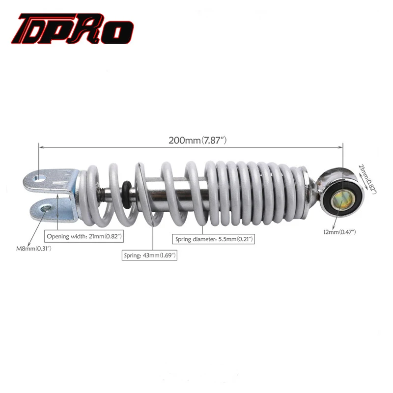 

TDPRO 7.87" 200mm 250lb White Rear Back Shock Suspension Absorber Fit Motorcycle 4 Stroke Mobility Scooter Pocket Mini Dirt Bike