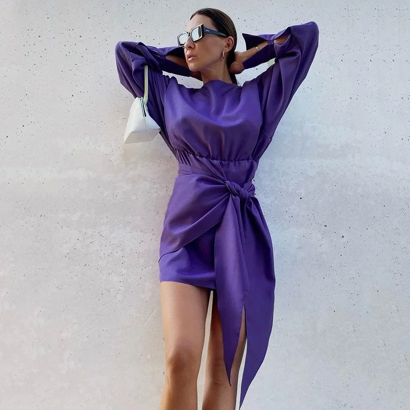 

Autumn Women's Dresses Short Skirt Lantern Sleeve Right Angle Shoulder Temperament Commuter Waist Bow Purple Dress Y2K Women