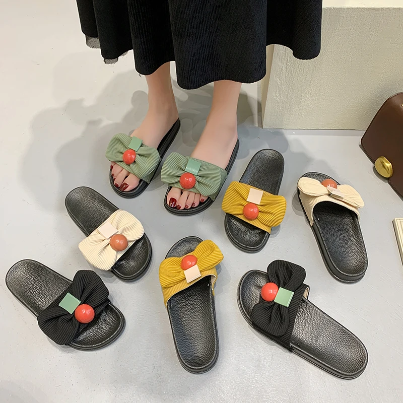 

Low Slippers Casual Summer Women's Shoes Shale Female Beach Slides Pantofle Butterfly-Knot Platform Luxury Sabot 2021 Flat PU Sw