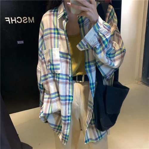 Plaid Simple Loose All Match Fashion Basic Turn Down Collar 2019 Winter Thin Female Women Long Sleeve Shirts |