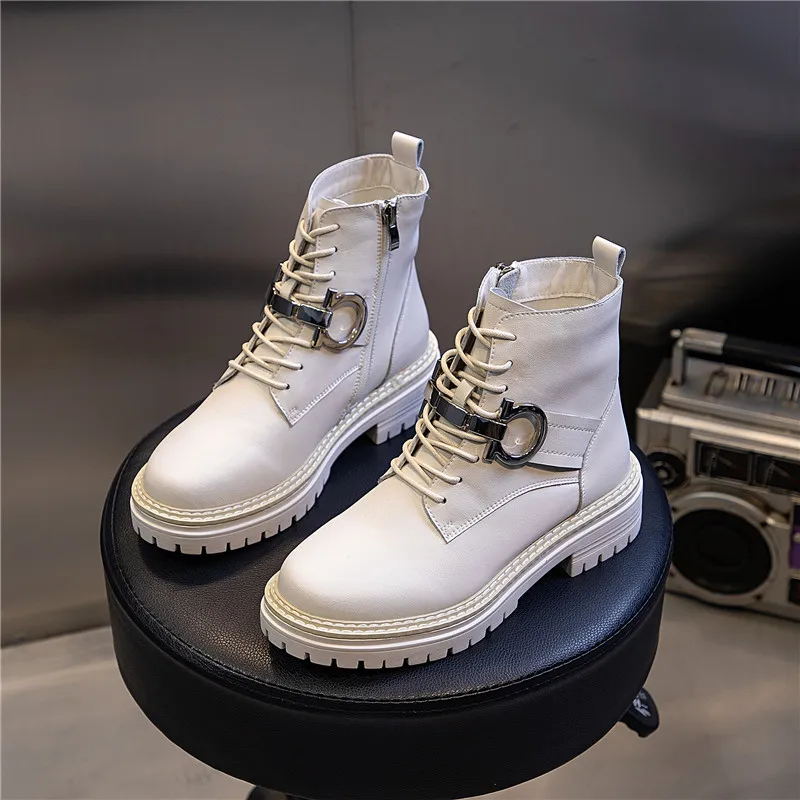 

Woman Motocycle Booties Female Genuine Split Leather Ankle Boots Square Heel Boots Autumn High-top Buckle Women ankle Shoes
