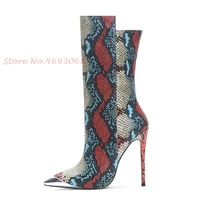 serpentine print ankle boots for women metal toe irregular splicing newest super high thin heels shoes british style women