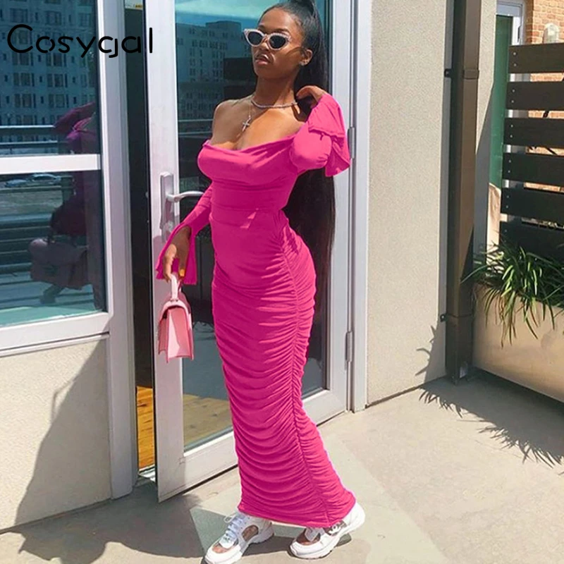 COSYGAL 2019 новое осеннее платье макси с открытыми плечами и Длинным Рукавом