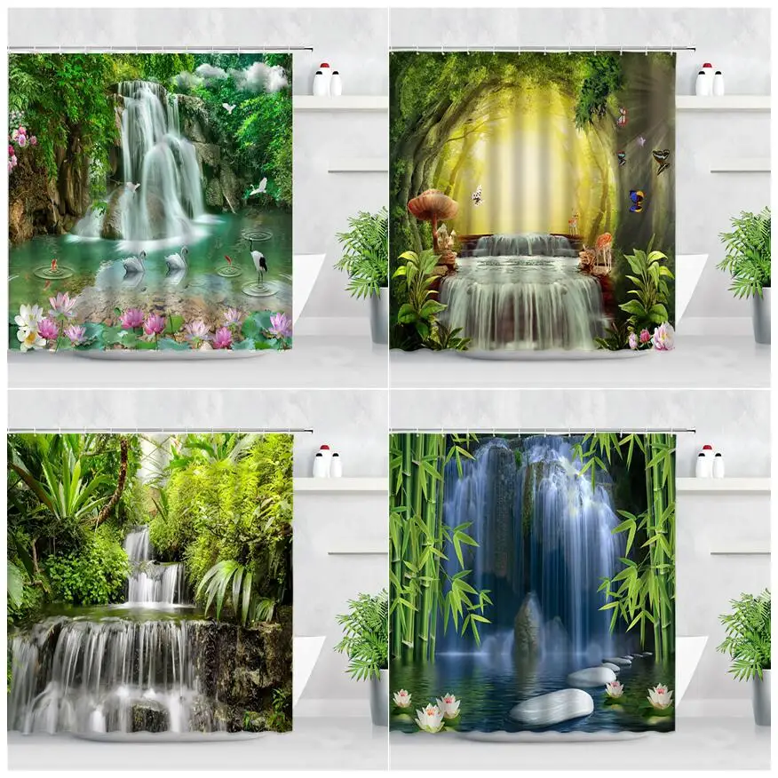 

Forest Waterfall Landscape Shower Curtain Tropical Plants Green Bamboo Zen Stone Pink Flowers Scenery Bathroom Decor Curtains