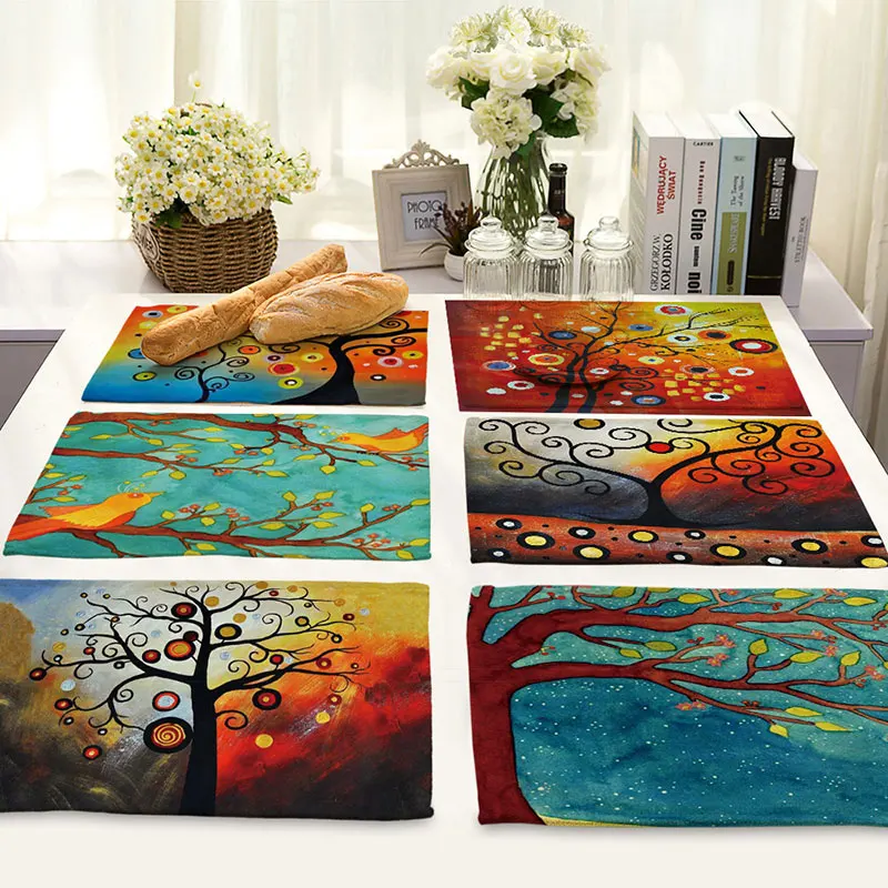 

Placemat Painted Big Tree Pattern Printed Heat Resistant Non Slip Kitchen Accessories Bowl Cup Mat Home Decoration Dining Table