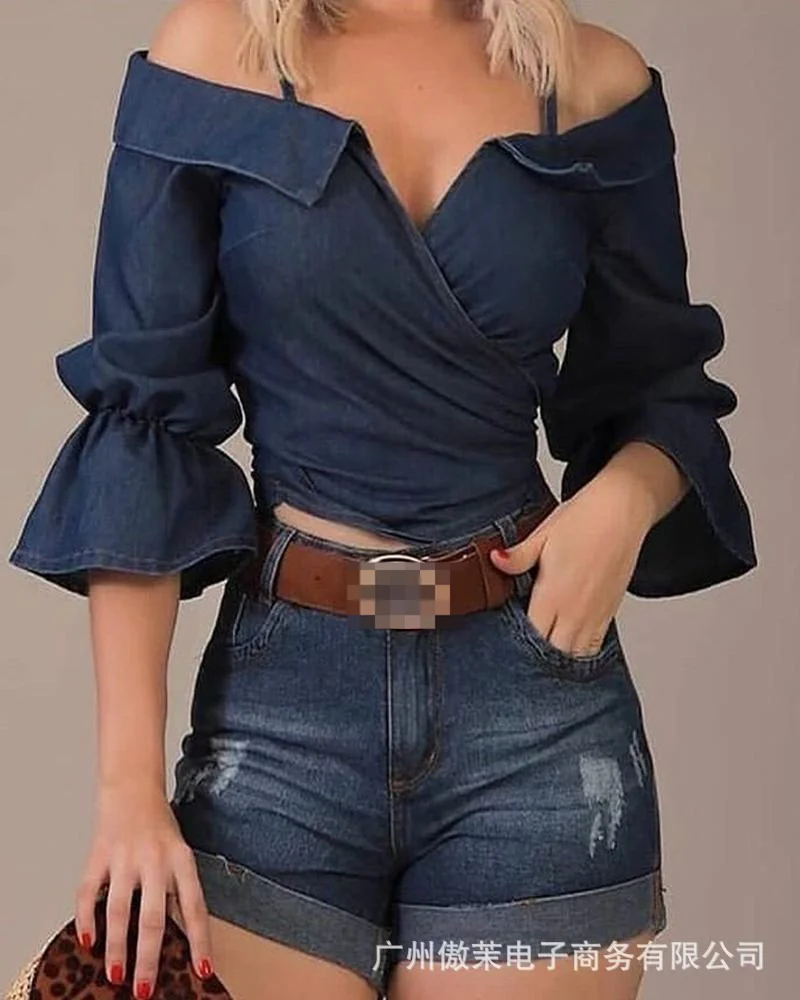 

Блузка женская с V-образным вырезом, пикантный топ с открытыми плечами и расклешенными рукавами, Повседневная Уличная одежда, рубашка, 2021