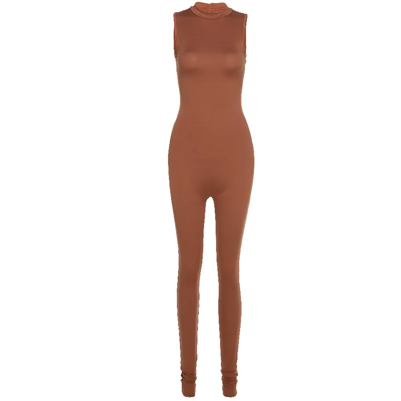 

2021 new jumpsuit women elastic hight casual fitness sporty rompers sleeveless zipper activewear skinny Solid summer outfit