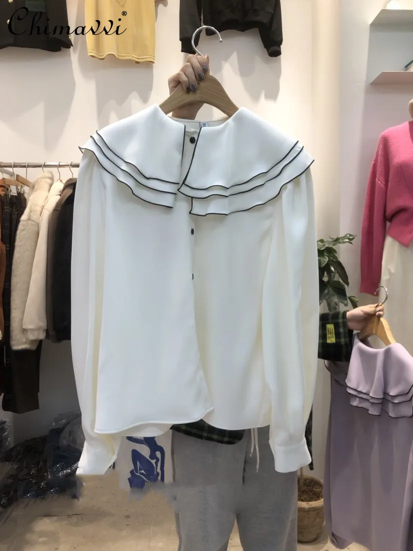 

2022 Spring New Fashion All-Match Slimming Blouses Women Contrast Color Lapel Elegant Shirt Female Long Sleeve White Shirt Top