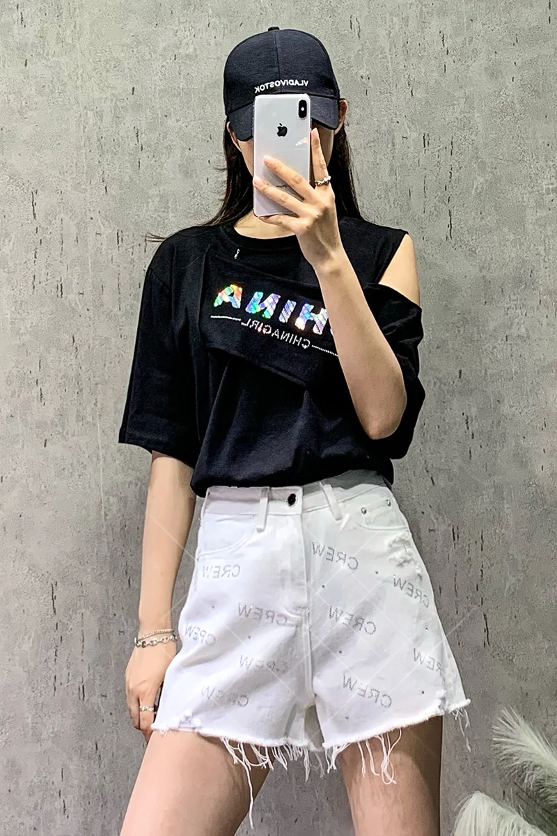 

Wide Leg Denim Shorts Women's Summer 2021 Rhinestone High Waist Denim Jeans Female Loose A Line White Hot Short Pants