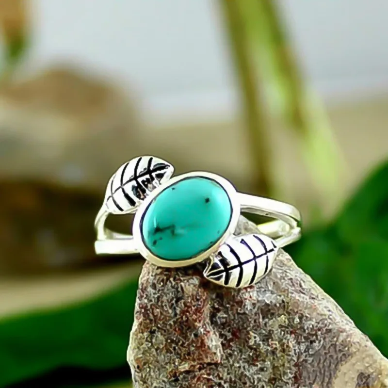 

MFY New Fashion Men's and Women's Rings Retro Leaf Inlaid Turquoise Ring European and American Style Ring Factory Direct Sales