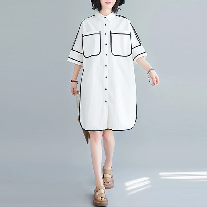 

#0338 Summer White Shirt Dress Women Half Sleeve Loose Black Striped Button Front Shirt Dress Big Pockets Plus Size Dress Cotton