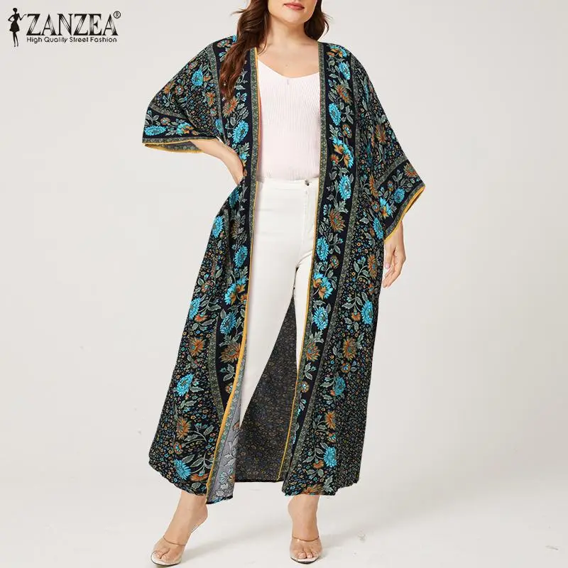 

Женский длинный кардиган ZANZEA в богемном стиле с открытой передней частью и длинным рукавом, топы, рубашка с цветочным принтом 5XL, кимоно, вин...
