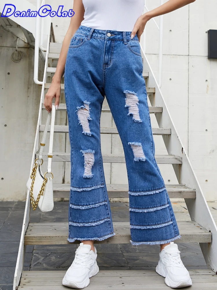

Модные расклешенные брюки с дырками Denimcolab 2021, женские джинсы с высокой талией, пикантные свободные джинсовые брюки с бахромой, женские повс...