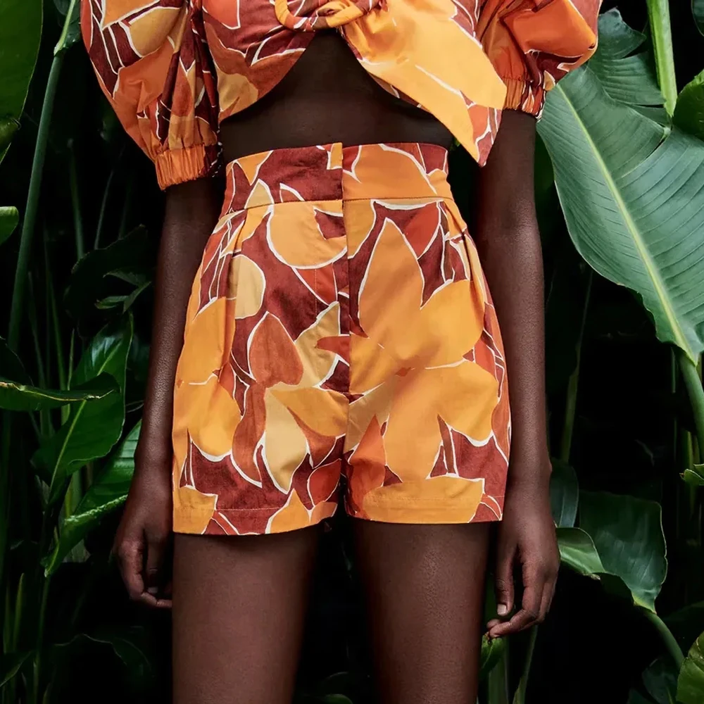 

ZA 2021 Summer Women Vintage Printed Elastic Waist Shorts floral Short Pants Pleated Fashion elegancel High Waisted Shorts Mujer