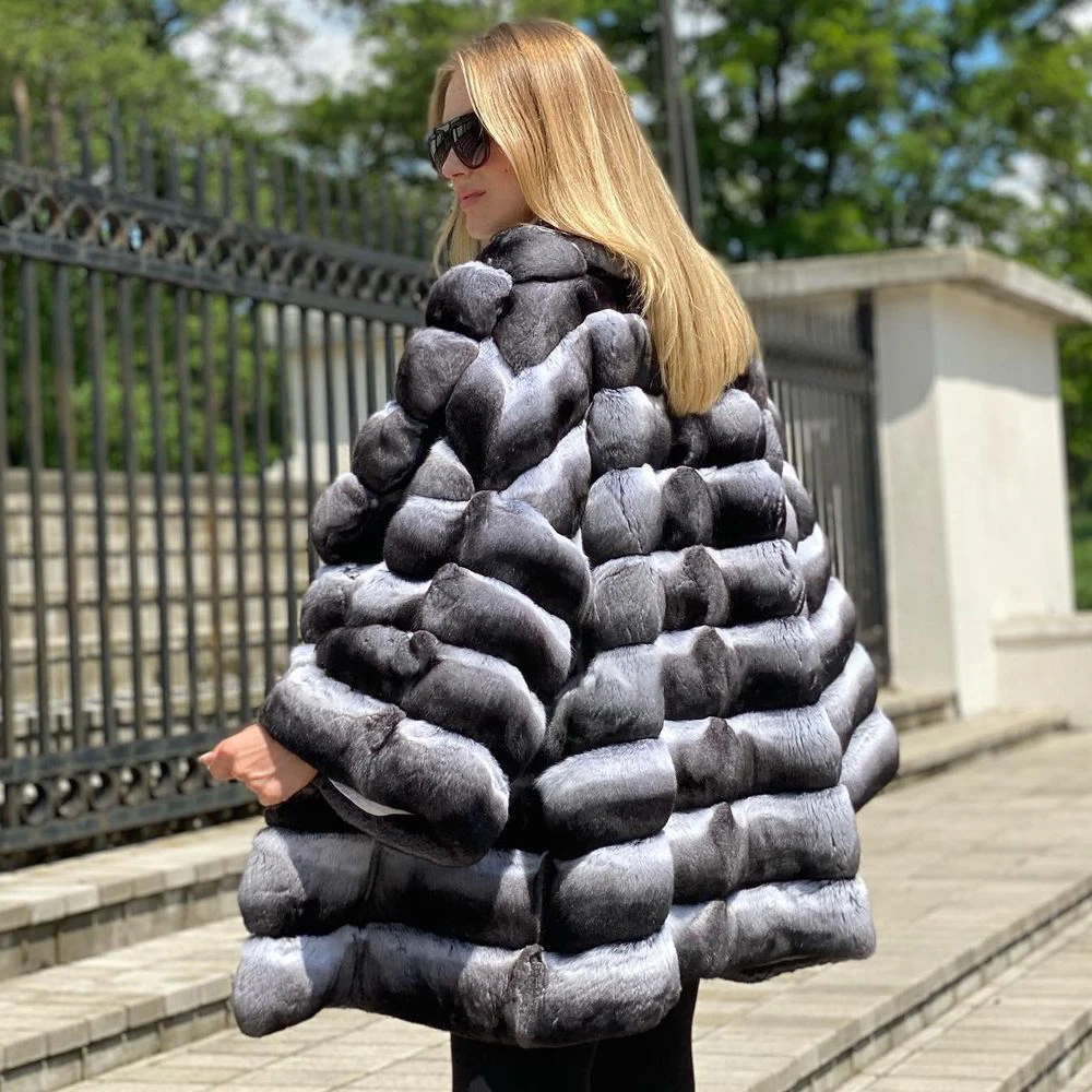 Fashion Chinchilla Color Real Rex Rabbit Fur Coat with Turn-down Collar High Quality Genuine Rex Rabbit Fur Coats Female Outwear enlarge