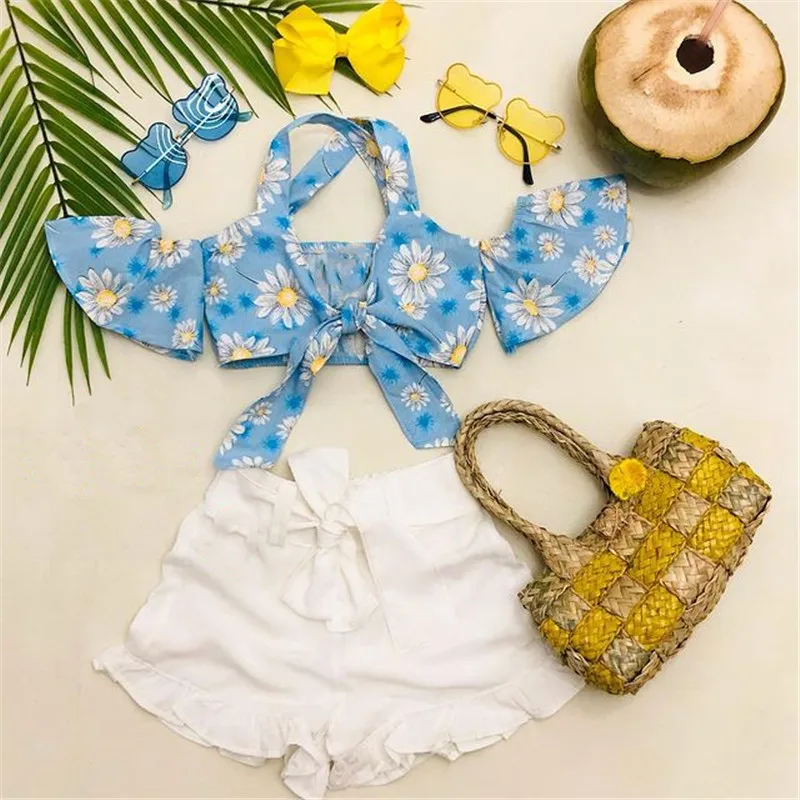 

Модные комплекты детской одежды для девочек, летние детские топы с цветочным принтом для девочек, с расклешенными рукавами, с лямкой на шее ...