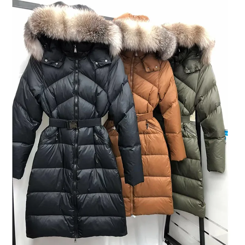 

High quality women's fashion hooded down jacket big fox fur collar light and fluffy winter warm down jacket with long belt looks