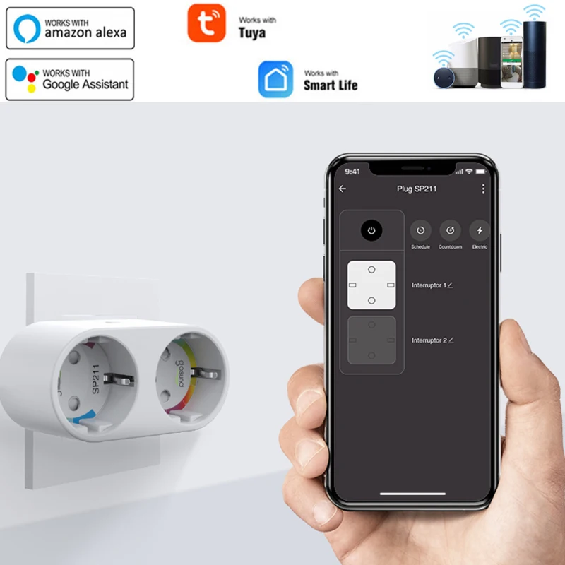 Gosund 16A WiFi смарт-двойной вилкой 2 в 1 inteligente EU/US/UK голос Управление работать с Alexa Google
