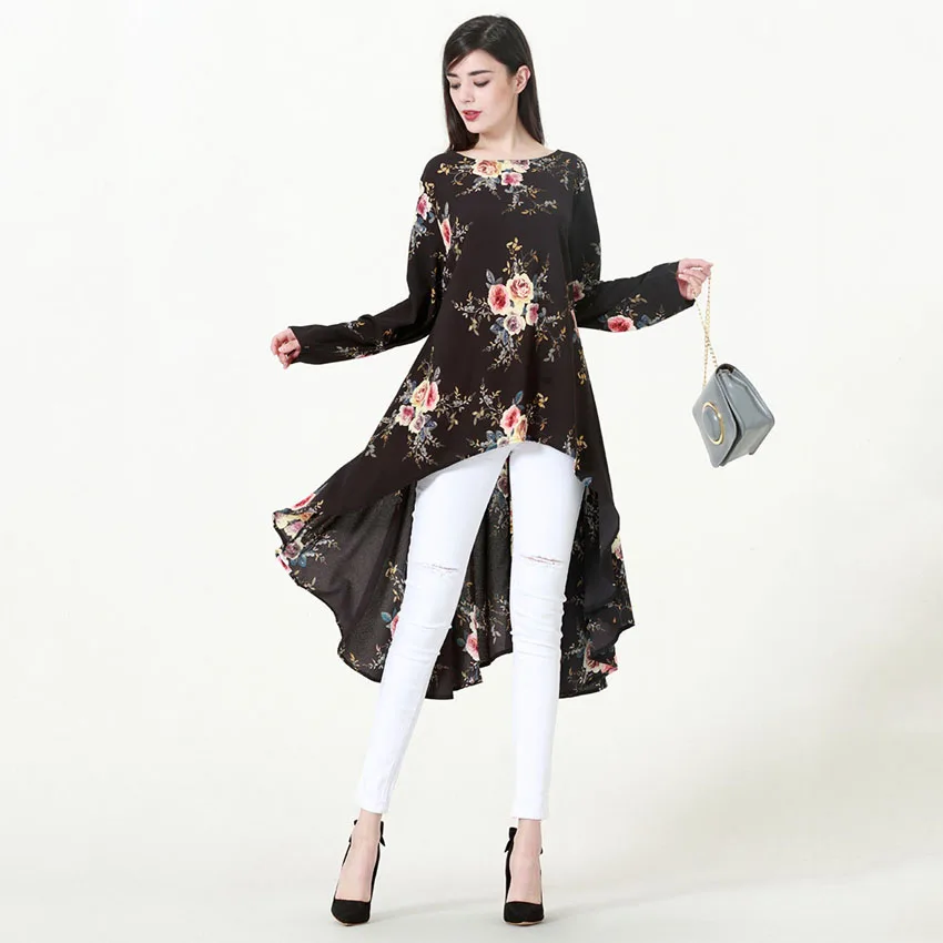 Черный Irregular Style Muslim Tops Women Floral Islamic Dress Abaya Polyester Worship Service Ramadan Eid Mubarak Clothing Costumes - Цвет: Черный