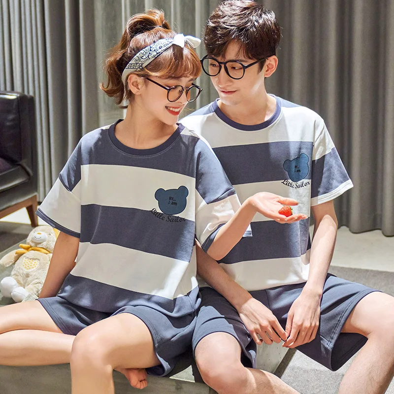 

Пижамный комплект для пар, хлопковая одежда для сна с принтом милого медведя, с коротким рукавом, Модная Голубая в полоску, для мужчин и женщ...