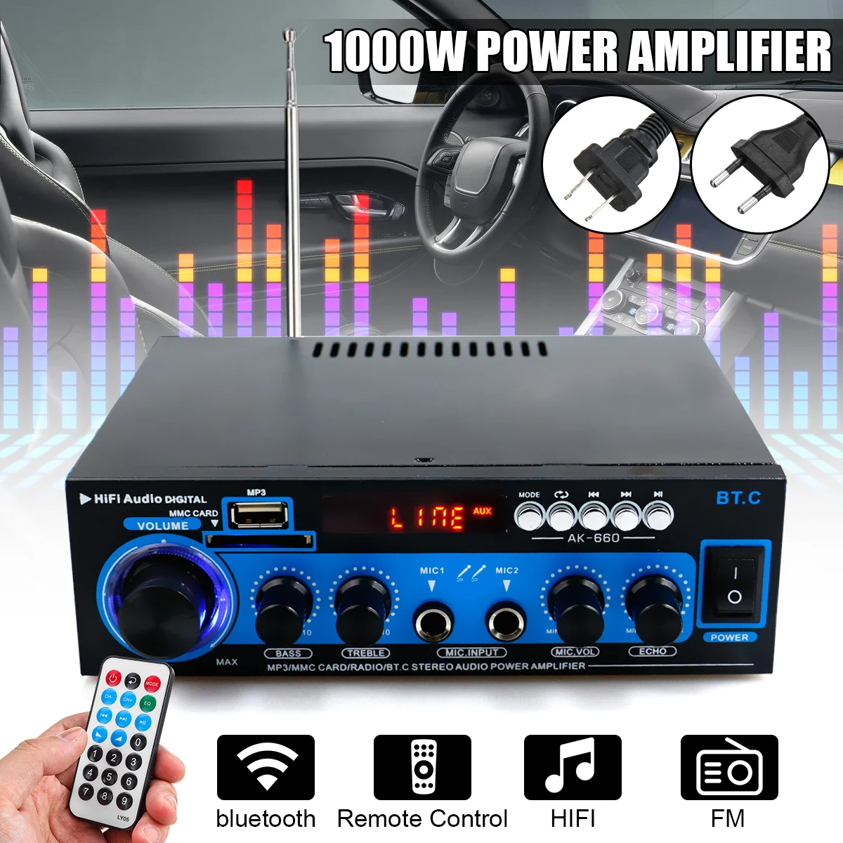 1000 Вт 2CH HIFI автомобильный домашний кинотеатр усилители стерео аудио bluetooth FM Радио