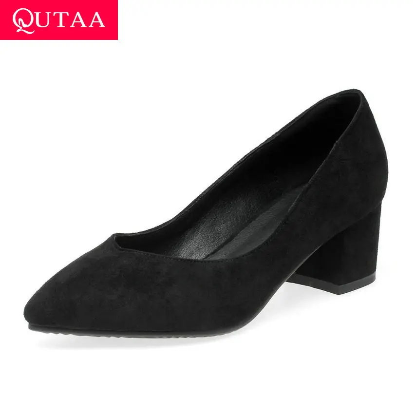 Женские туфли лодочки QUTAA повседневные из флока на квадратном каблуке с острым