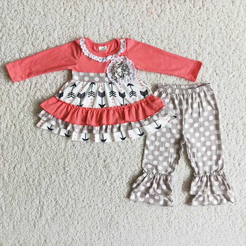 

Wholesale Kids Spring Valentine's Day Clothing Children Love Arrow Lace Flower Pink Outfit Baby Girl Dots Ruffle Pants Clothes