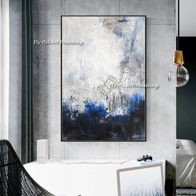 

Abstract Simple Handmade Heavy Textured Thick blue white Oil Painting Modern Wall Decoration Unframed Art Artwork