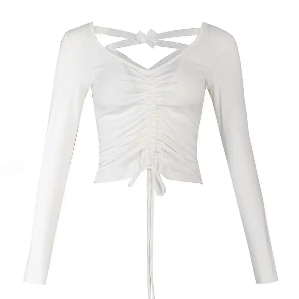 

Fashion sexy long-sleeved lace shirt white shirt 2019 new spring / autumn short v-neck retro shirt