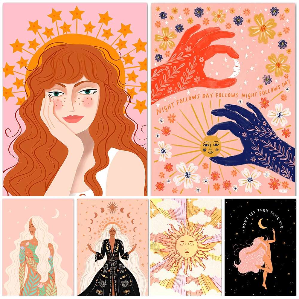 

Abstract Witch Girl Moon Stars Illustration Wall Art Canvas Painting Wall Pictures For Living Room Posters And Prints Home Decor