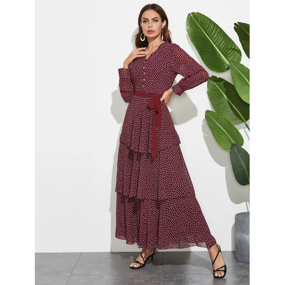 

Muslim Long Maxi Dress V-neck Polka Dot Long Sleeve Layered Dress Sping Summer Robe Casual Single-Breast Gown Dubai Arab Jilbab