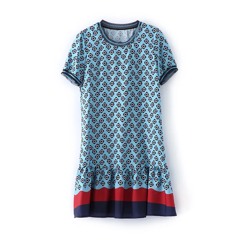 

72381 Fashion Women's Dress Summer New Print Contrast Stitching Short Sleeve A-line Dress