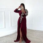 Женское вечернее платье-кафтан, бордовое, с разрезом, с аппликацией, в марокканском стиле, на заказ, большого размера, для выпускного, в дубайском стиле