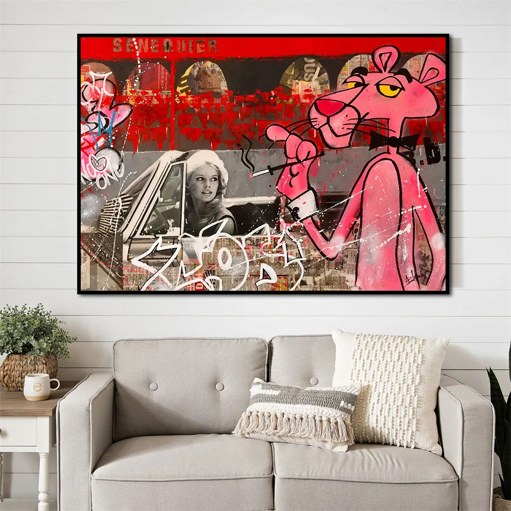 

Картина постер с изображением розовой Пантеры, поп-арт на холсте с изображением граффити, Настенная картина для гостиной, украшение для дом...
