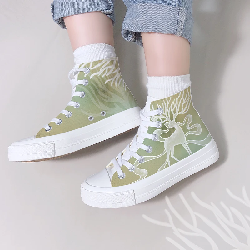

Amy and Michael Fashion Female Ladies Sneakers High Tops Hand Painted Deer Patterns Casual Canvas Shoes Students Flat Trainers
