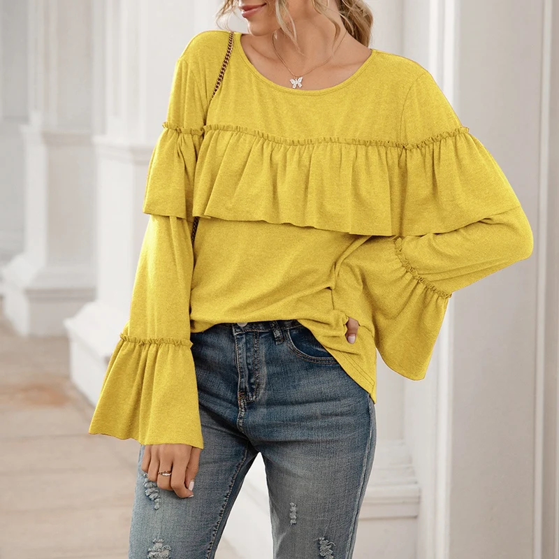 

Spring and Summer Loose Leisure Ruffle Stitching Long-Sleeved Solid Color Mid-Length T-Shirt Top
