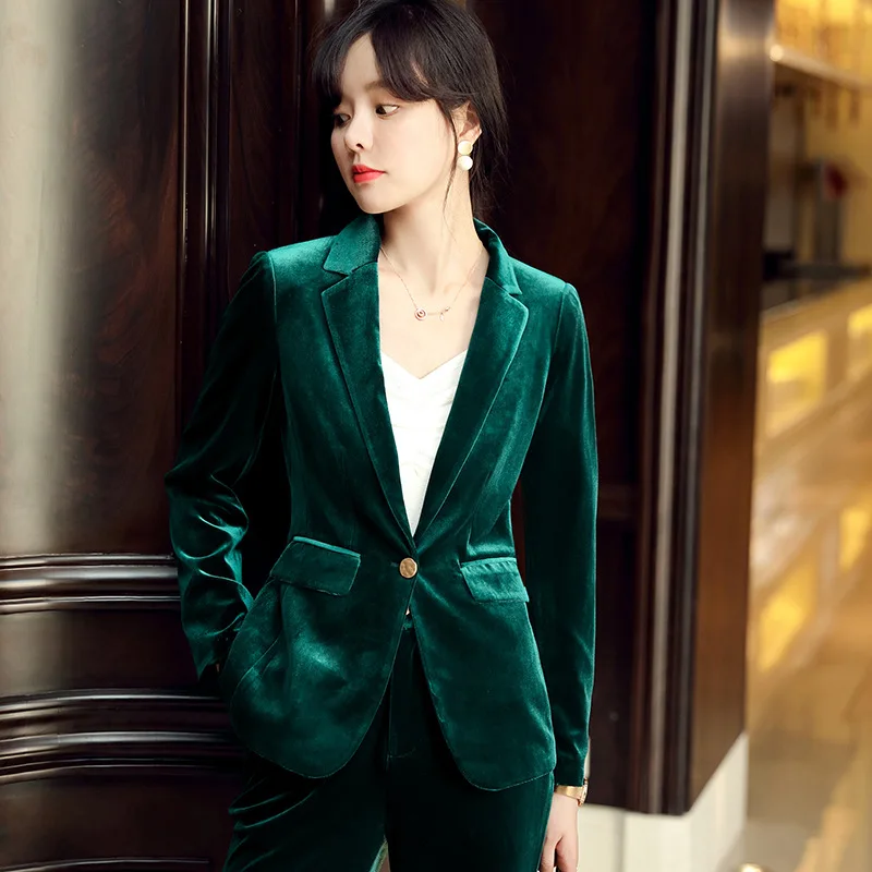 Золотистый бархатный костюм Новинка осени 2019 модная Повседневная Деловая